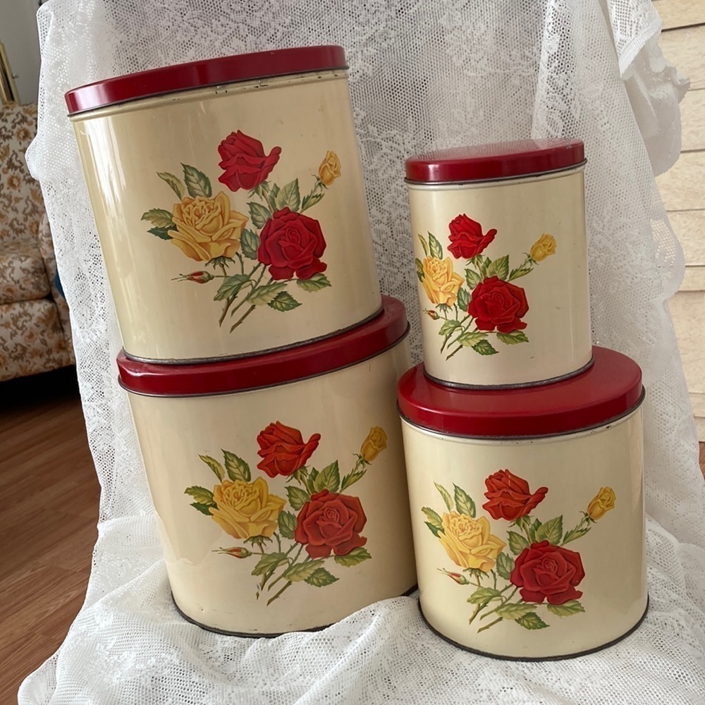 Vintage Canister Set 50’s Kitchen Canister Set of 4 Yellow and Red Rose.